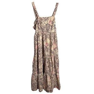 Knox Rose Womens Smocked Tired Maxi Dress Size XL Tan Floral Fall Pockets Strap